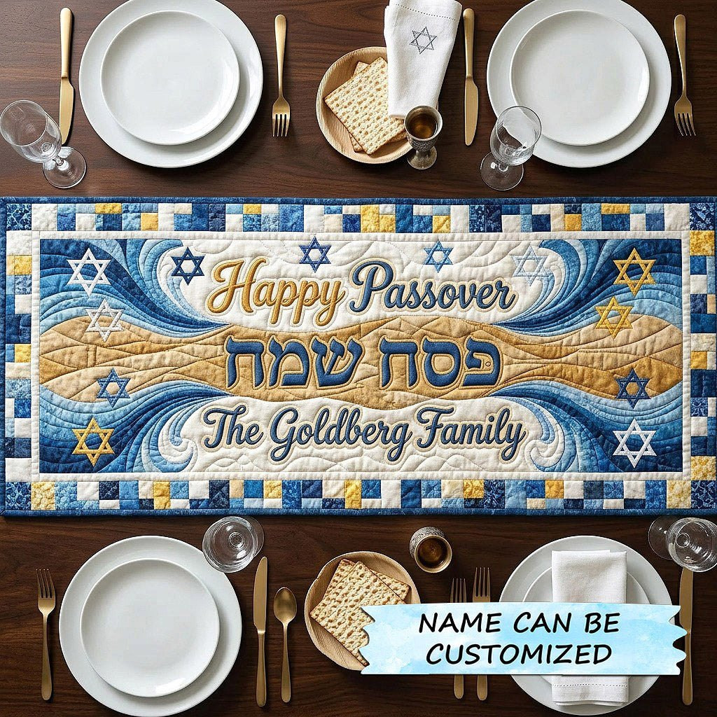 Happy Passover on Blue Mosaic Table Runner - Made to Order TABLE928