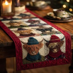 Highland Cows in Winter Hats with Red Border Table Runner - Made to Order TABLE928