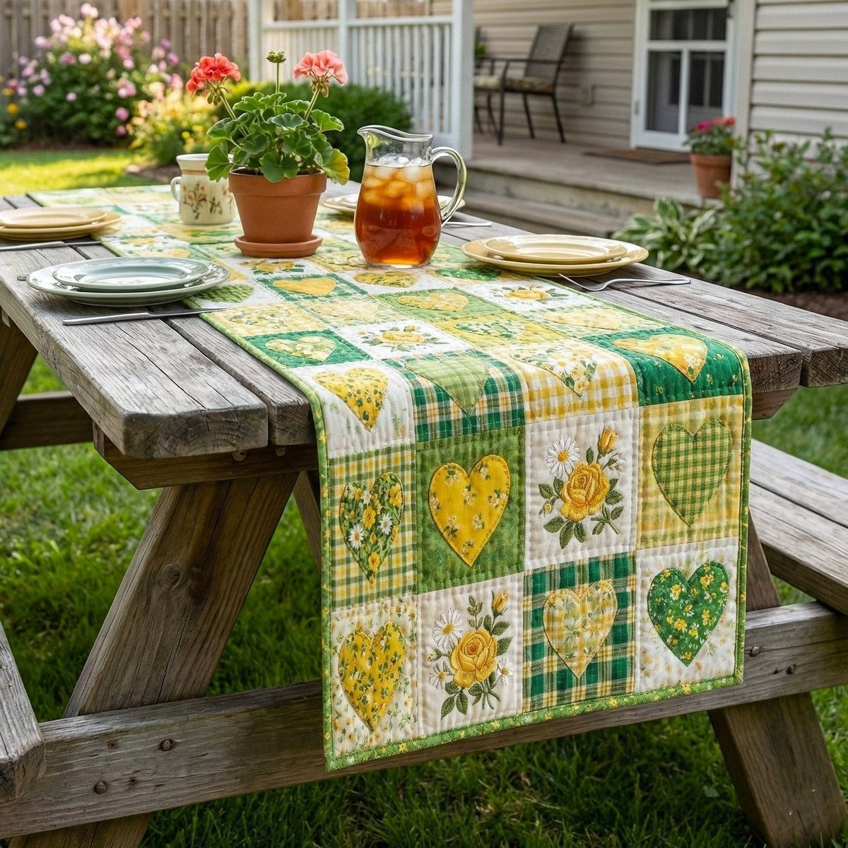 Hearts in Green and Yellow Blocks Table Runner - Made to Order TABLE928
