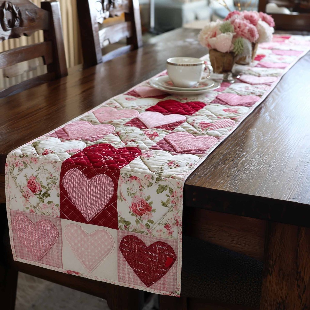 Hearts in Pink Floral Squares Table Runner - Made to Order TABLE928