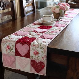 Hearts in Pink Floral Squares Table Runner - Made to Order TABLE928