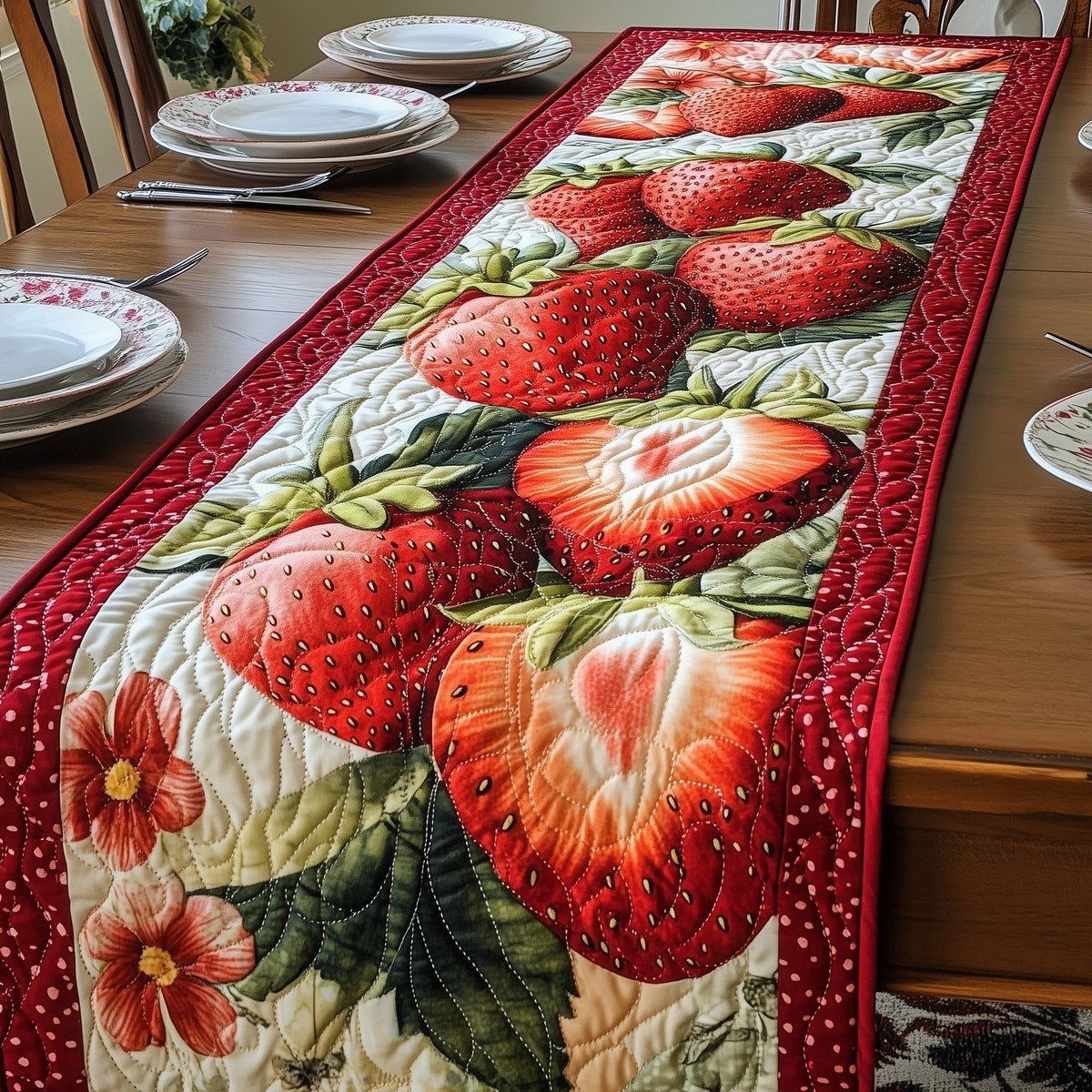 Halved Strawberries on Cream Curve Table Runner - Made to Order TABLE928