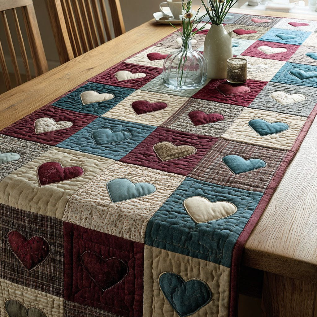 Heart Blocks in Teal and Rust Table Runner - Made to Order TABLE928