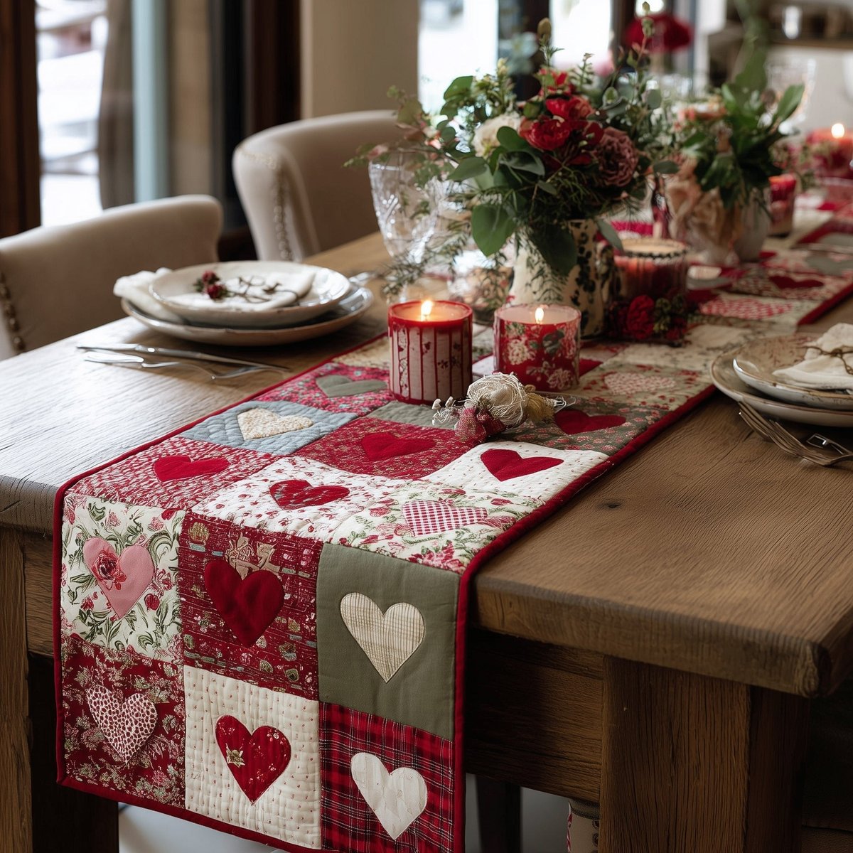 Hearts on Red and Cream Patchwork Table Runner - Made to Order TABLE928