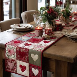 Hearts on Red and Cream Patchwork Table Runner - Made to Order TABLE928