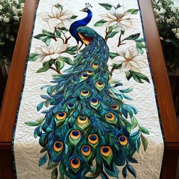 Green Peacock and White Flowers Table Runner - Made to Order TABLE928