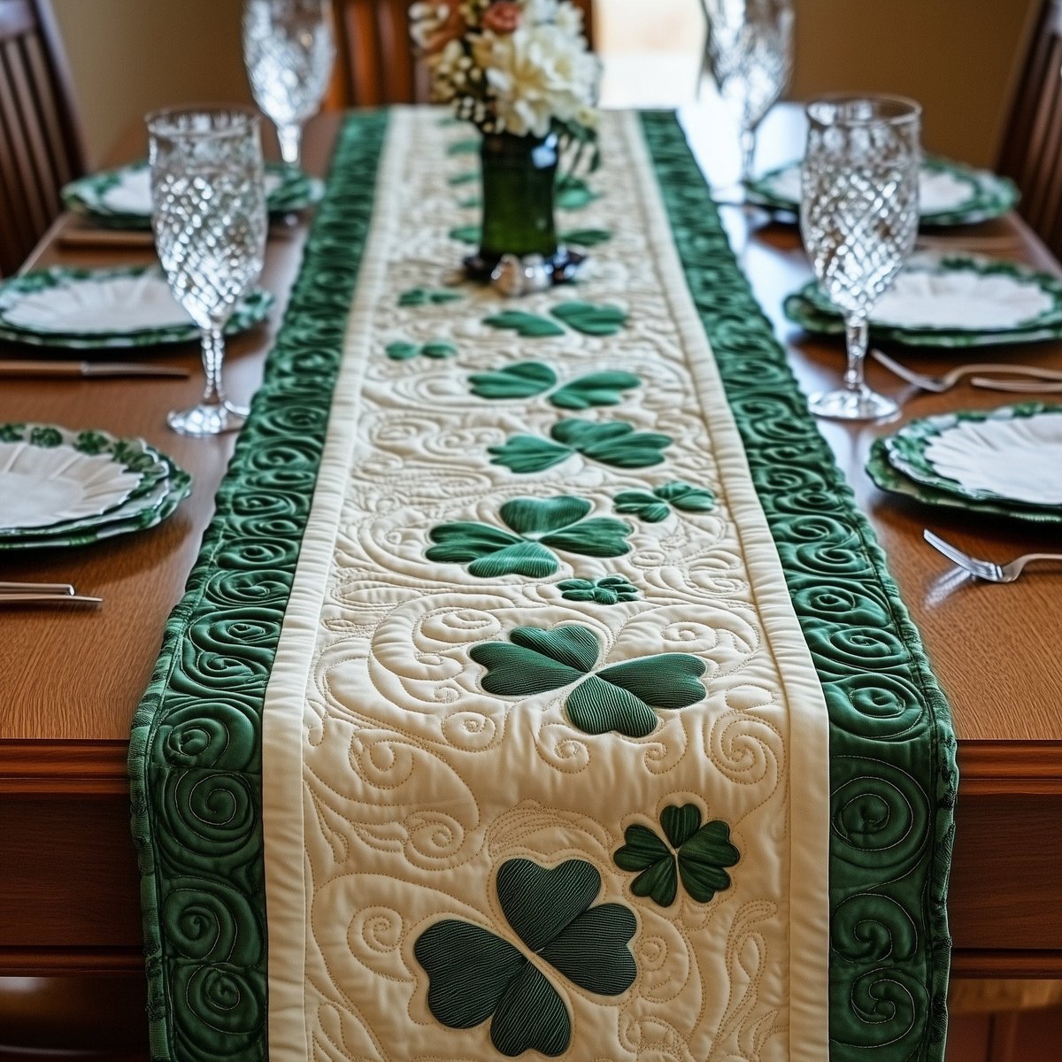 Green Shamrocks on Cream with Emerald Border Table Runner - Made to Order TABLE928
