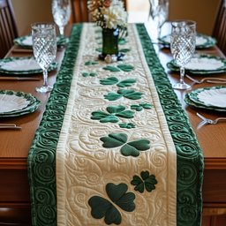 Green Shamrocks on Cream with Emerald Border Table Runner - Made to Order TABLE928