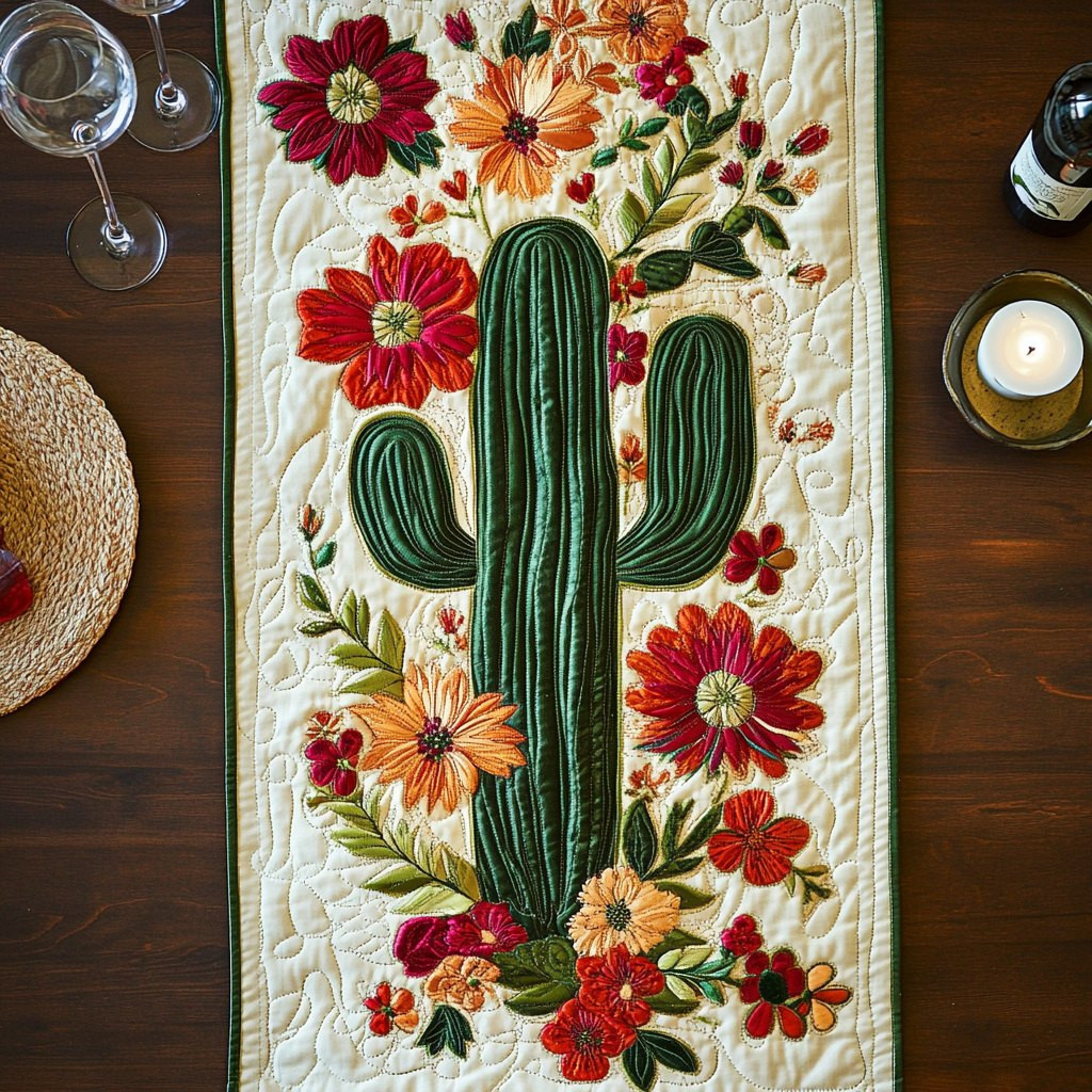 Green Cactus with Red Flowers Table Runner - Made to Order TABLE928