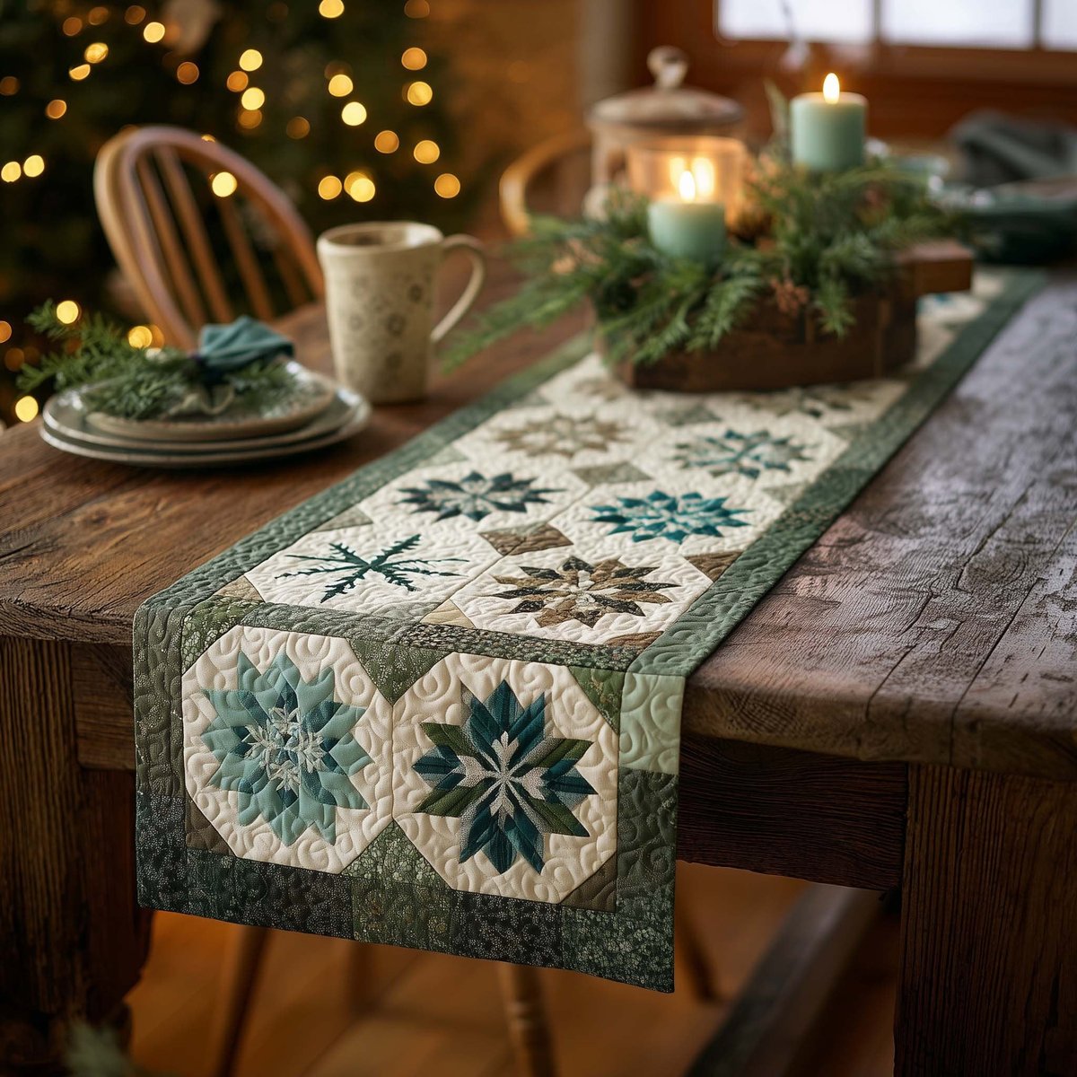 Green Snowflake Blocks on Cream Table Runner - Made to Order TABLE928