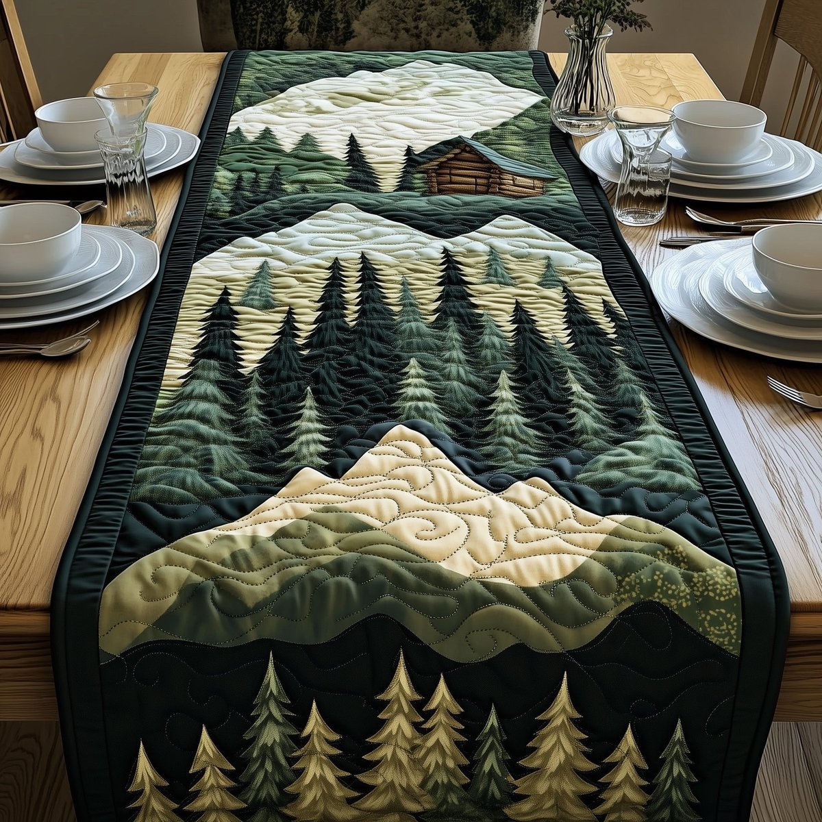 Green Pines Before Mountain Range Table Runner - Made to Order TABLE928