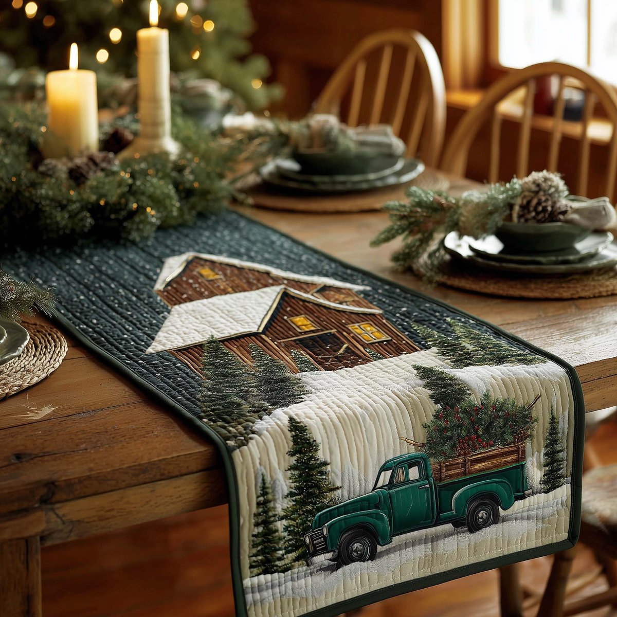 Green Truck at the Snowy Cabin Table Runner - Made to Order TABLE928