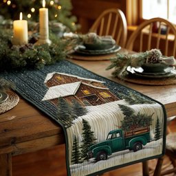 Green Truck at the Snowy Cabin Table Runner - Made to Order TABLE928