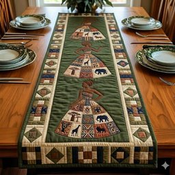 Green Panel with Tribal Symbols Table Runner - Made to Order TABLE928