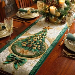 Green Christmas Tree on Cream Table Runner - Made to Order TABLE928
