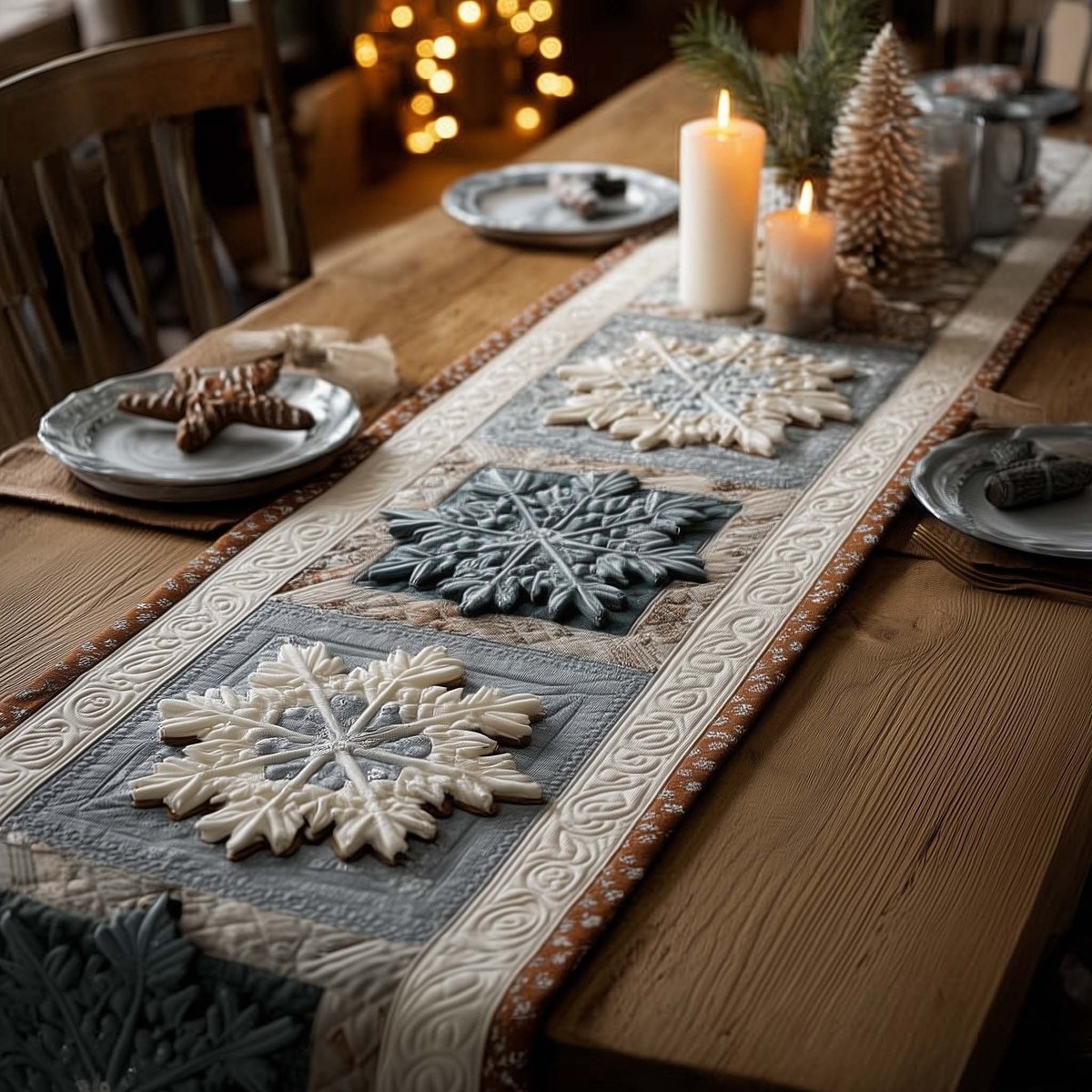 Grey and White Snowflake Blocks Table Runner - Made to Order TABLE928