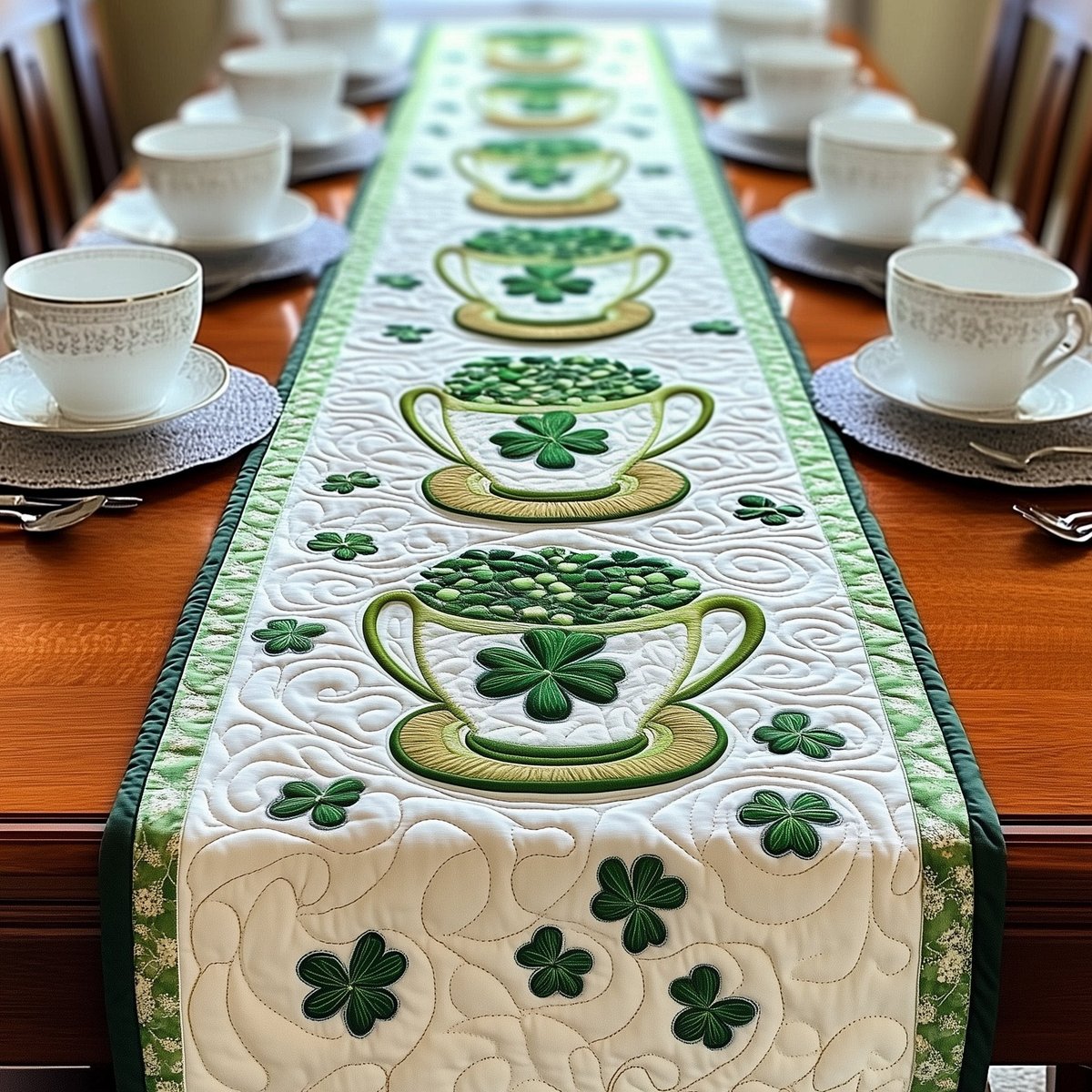 Green Teacups with Shamrocks Table Runner - Made to Order TABLE928
