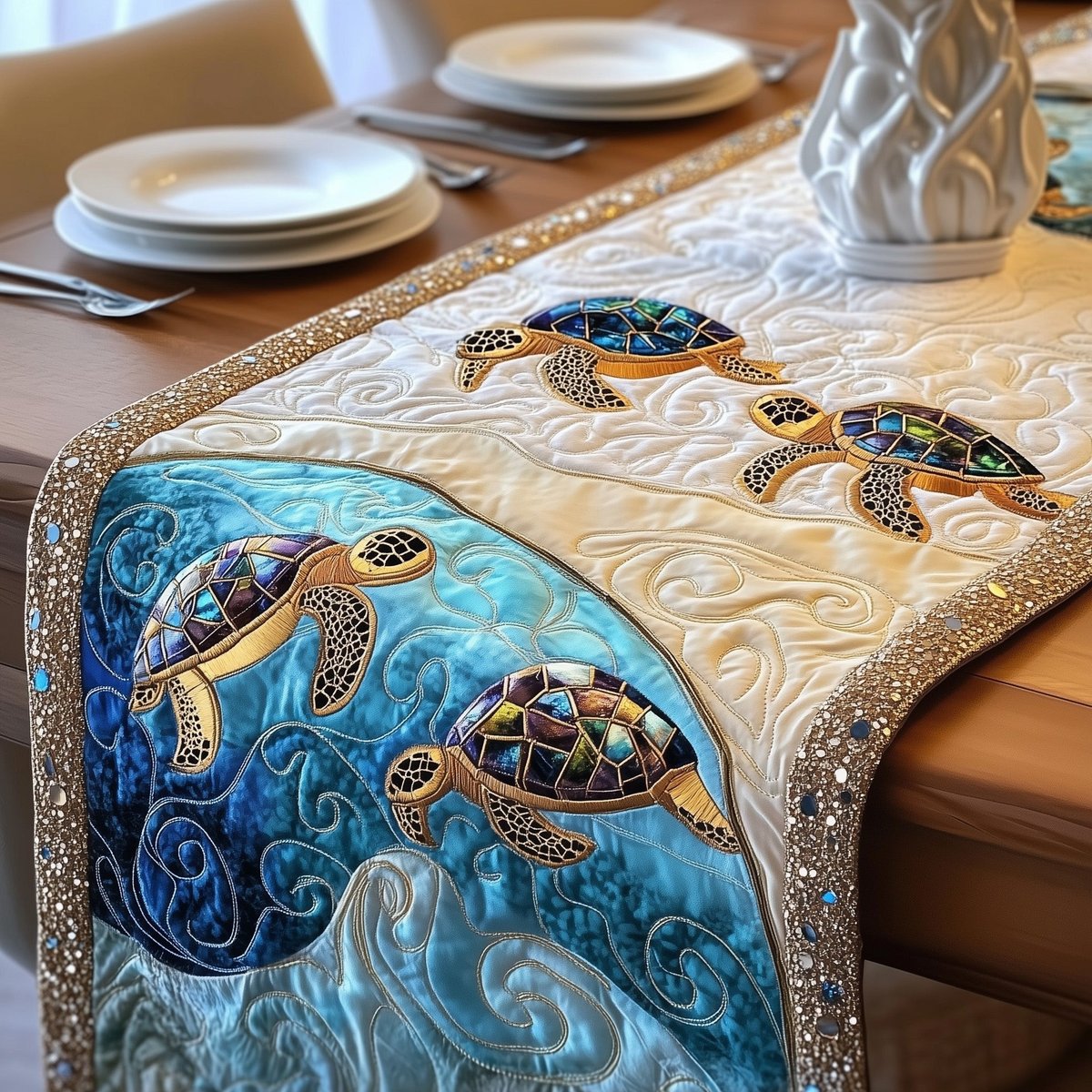 Golden Turtles Along the Blue Tide Table Runner - Made to Order TABLE928