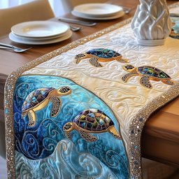 Golden Turtles Along the Blue Tide Table Runner - Made to Order TABLE928
