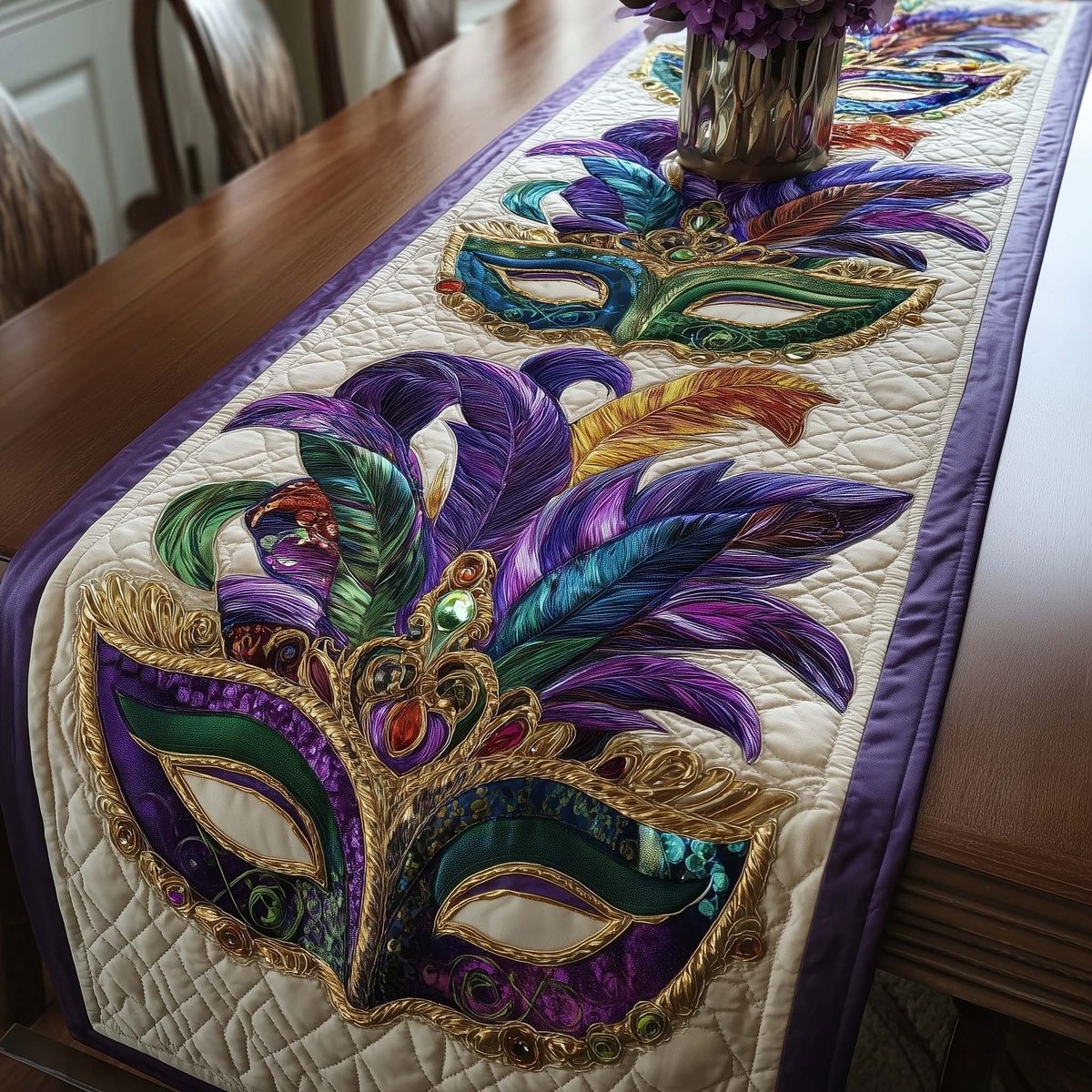 Green Mask with Purple Plume Table Runner - Made to Order TABLE928