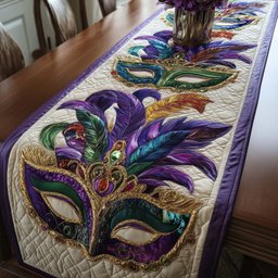 Green Mask with Purple Plume Table Runner - Made to Order TABLE928