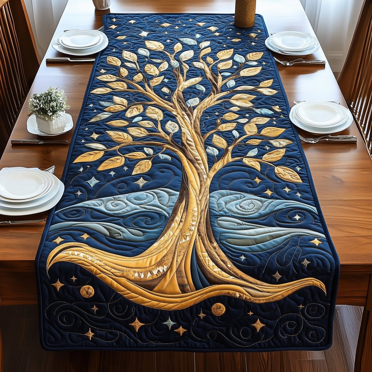 Golden Tree on a Starry Navy Table Runner - Made to Order TABLE928