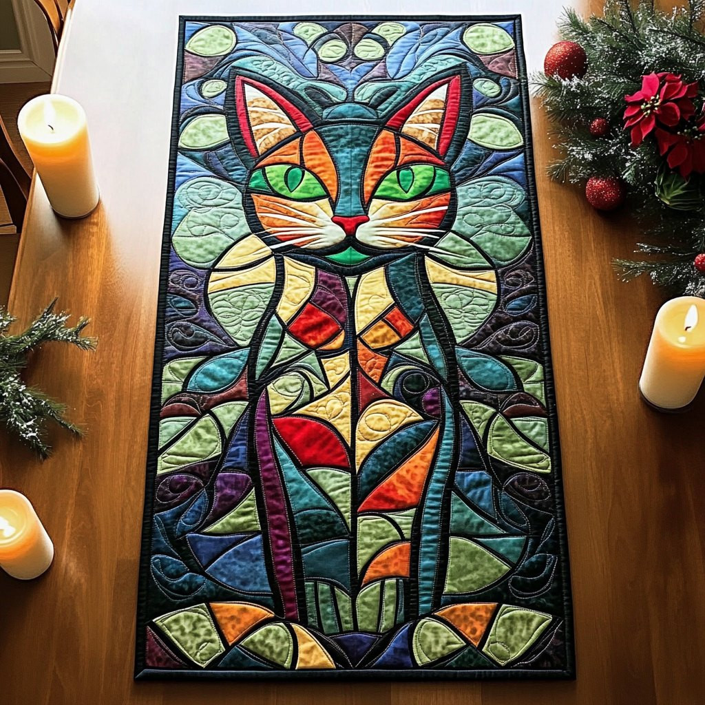 Green Stained Glass Cat Table Runner - Made to Order TABLE928