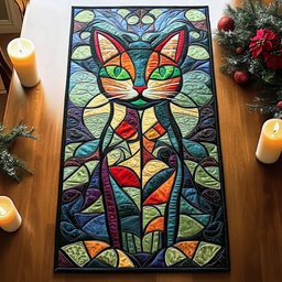 Green Stained Glass Cat Table Runner - Made to Order TABLE928