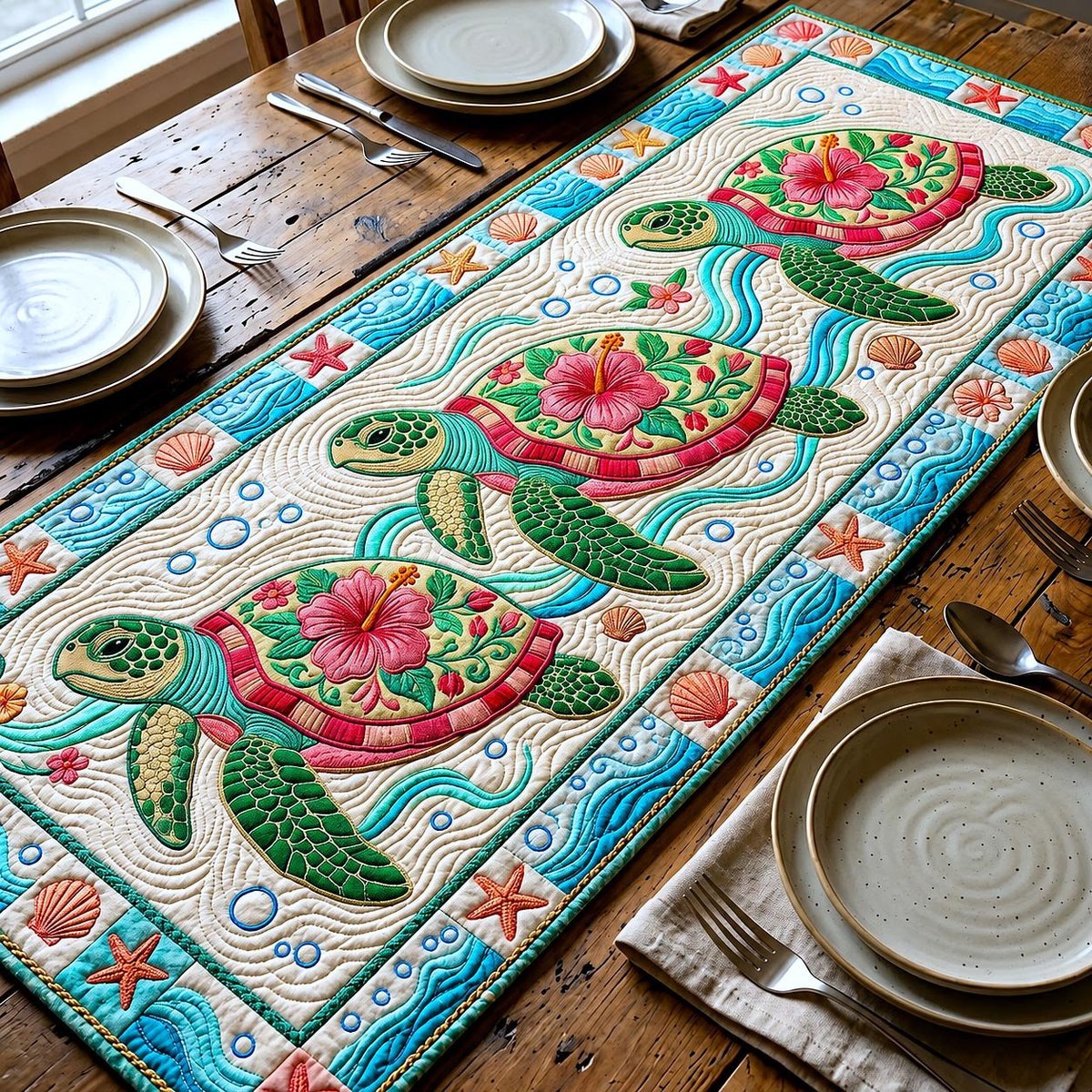 Green Turtles with Pink Blooms Table Runner - Made to Order TABLE928