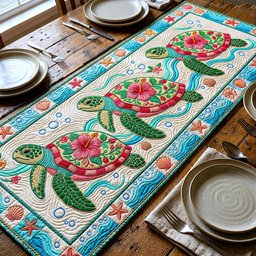 Green Turtles with Pink Blooms Table Runner - Made to Order TABLE928