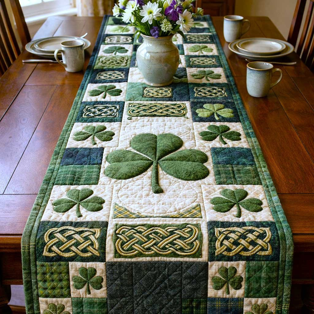 Green Shamrock and Celtic Knot Squares Table Runner - Made to Order TABLE928