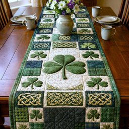 Green Shamrock and Celtic Knot Squares Table Runner - Made to Order TABLE928