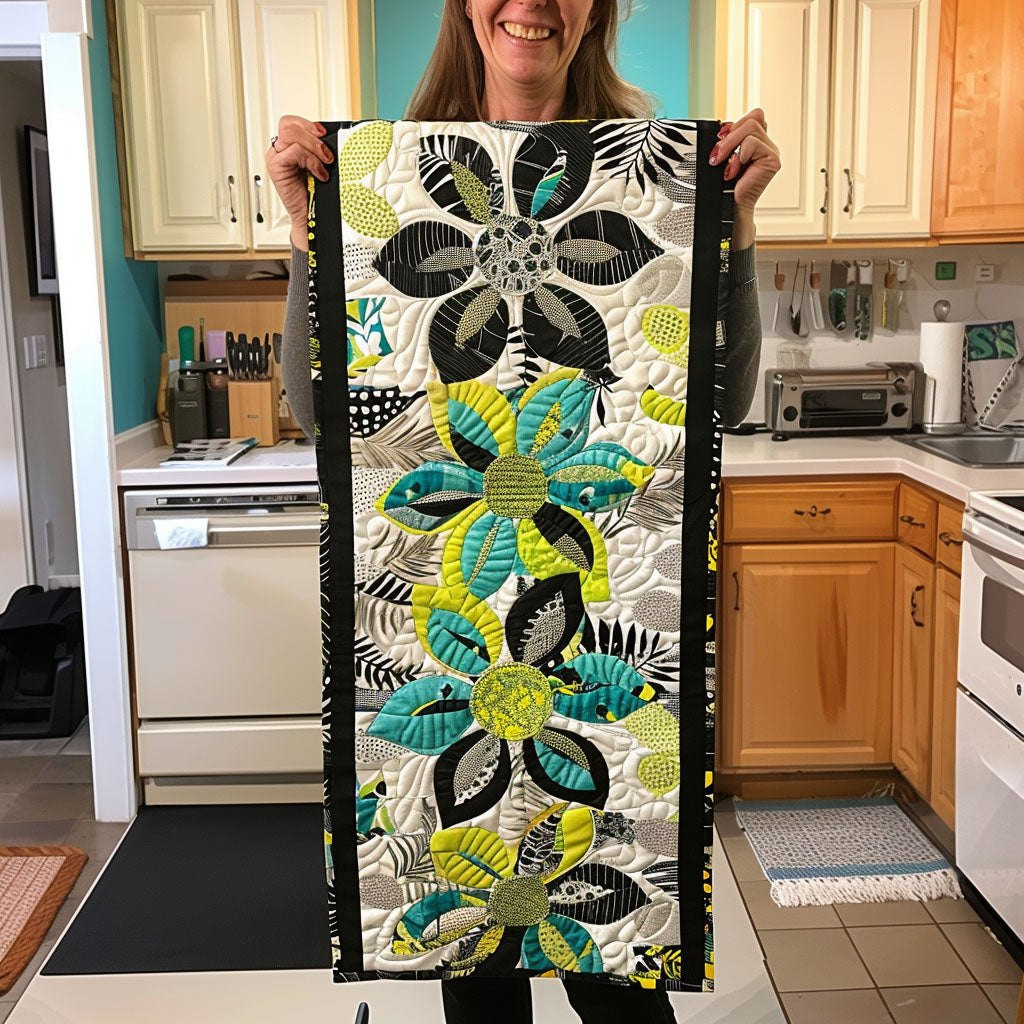 Green Leaves on Black and White Table Runner - Made to Order TABLE928