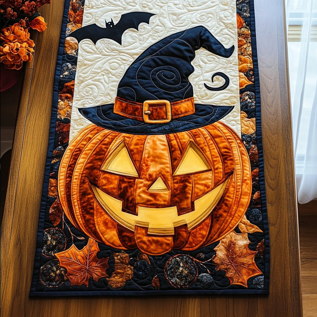 Grinning Jack o Lantern in Witch Hat Table Runner - Made to Order TABLE928