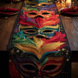 Green Mask with Red Plumes Table Runner - Made to Order TABLE928