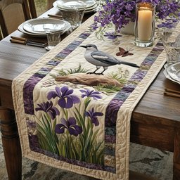 Grey Bird and Butterfly with Irises Table Runner - Made to Order TABLE928