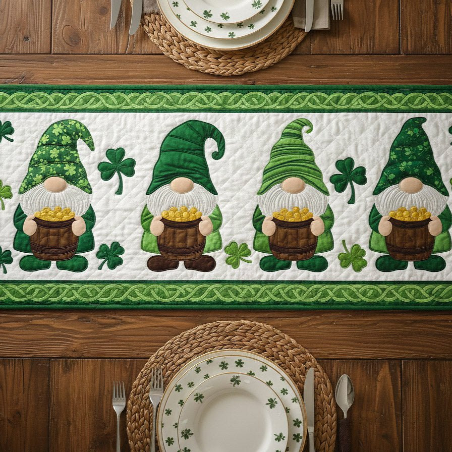 Green Gnomes with Gold Pots Table Runner - Made to Order TABLE928