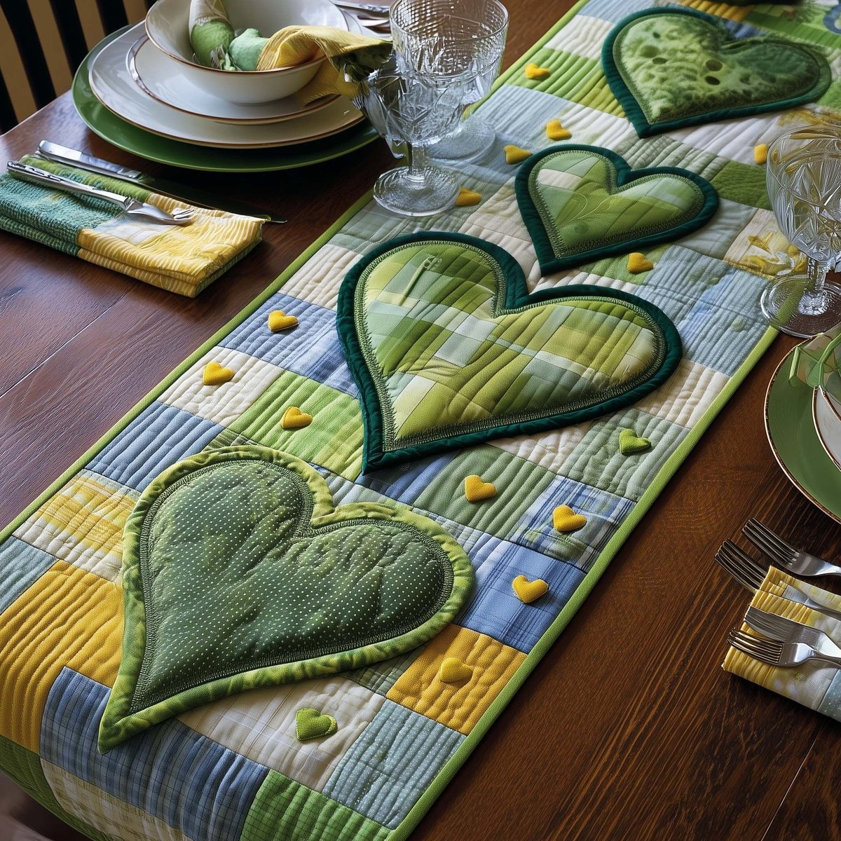 Green Hearts on Pale Blue Table Runner - Made to Order TABLE928