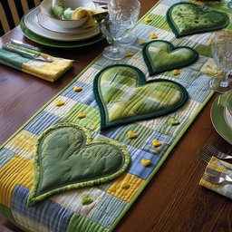 Green Hearts on Pale Blue Table Runner - Made to Order TABLE928