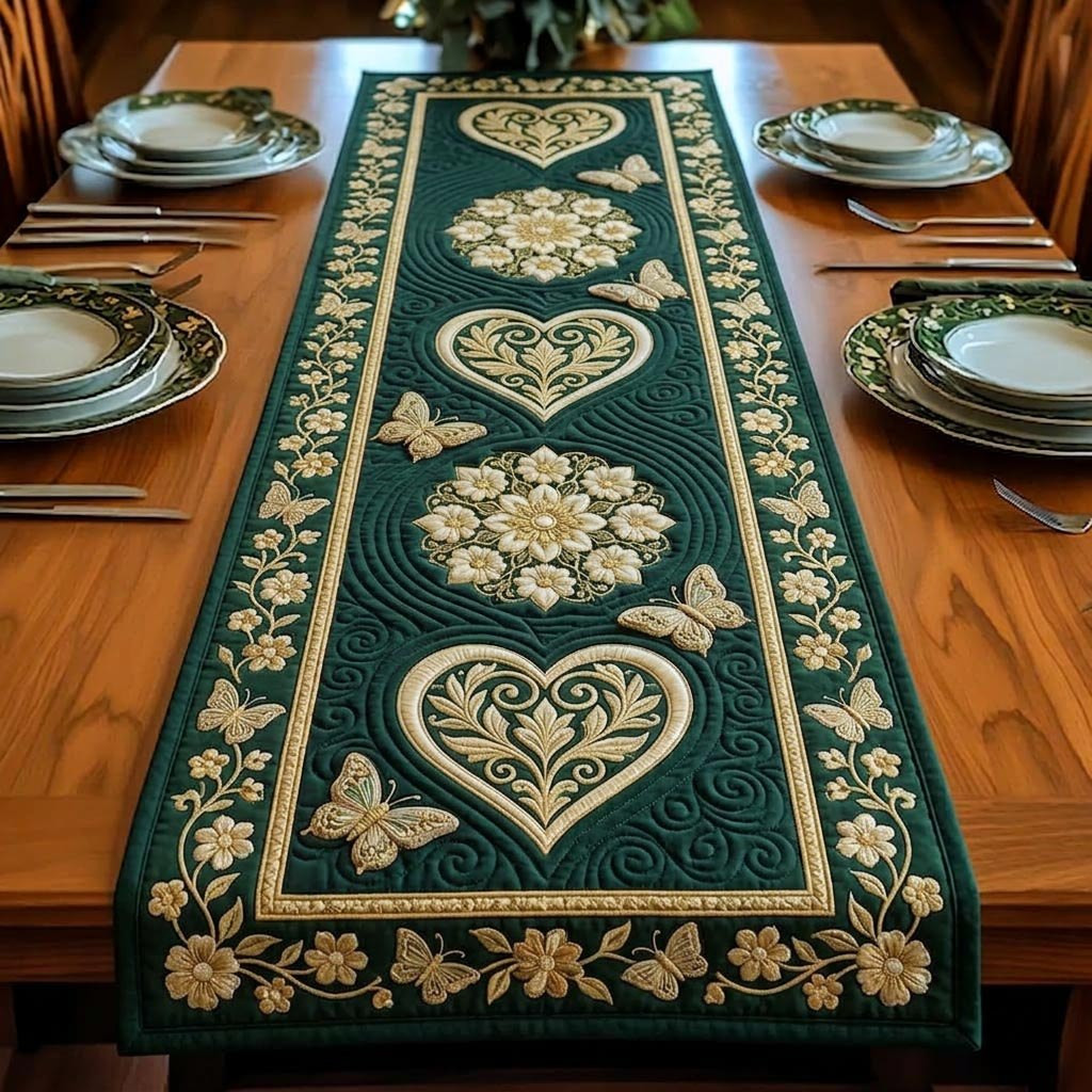 Green Damask Heart Medallion Table Runner - Made to Order TABLE928