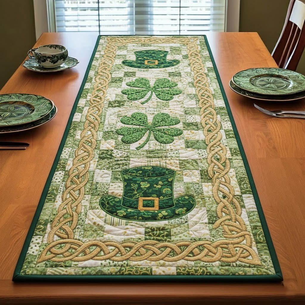 Green Clovers with Gold Braid Table Runner - Made to Order TABLE928