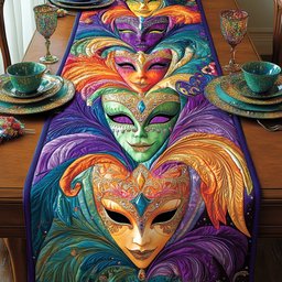 Green Masquerade Mask with Plumes Table Runner - Made to Order TABLE928