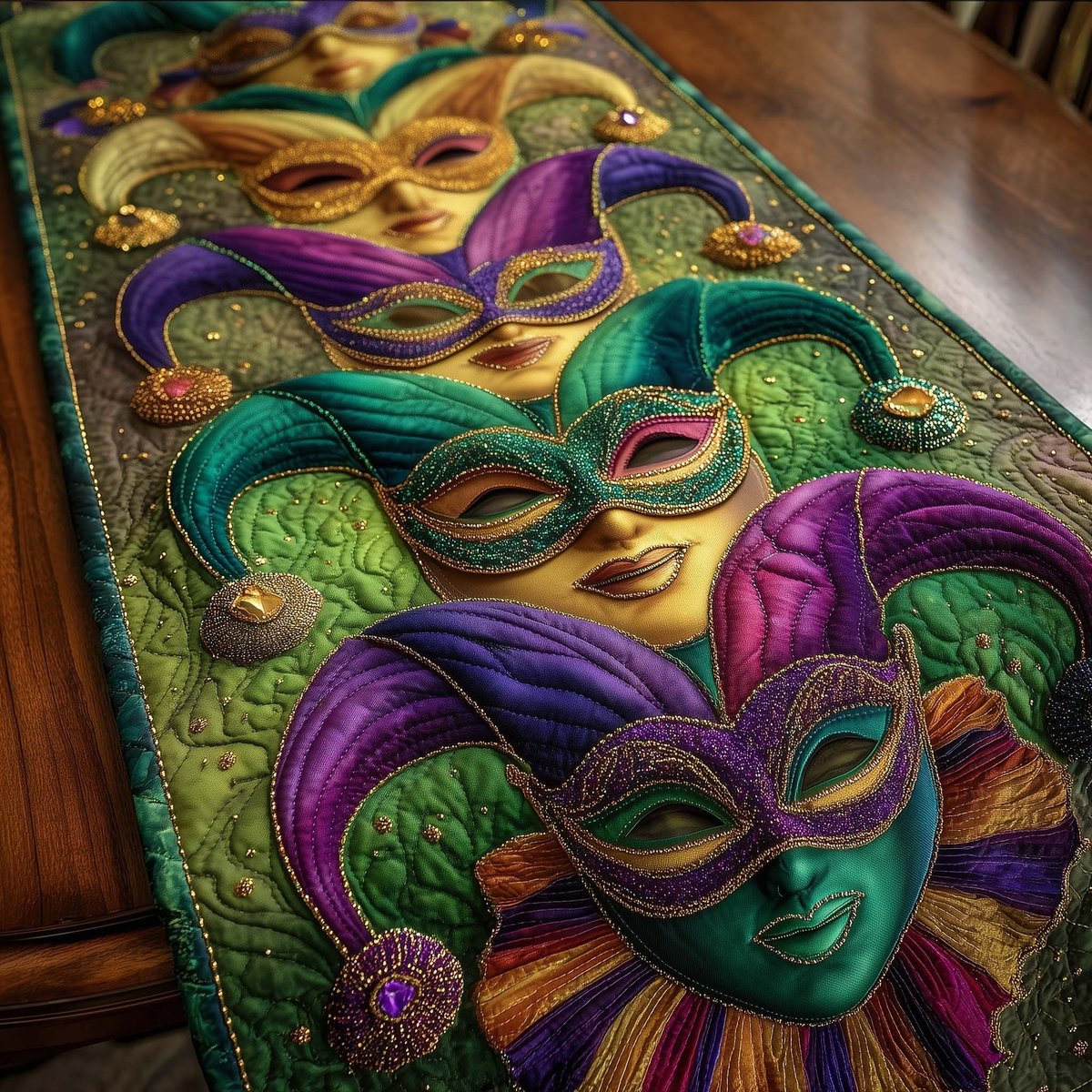 Green Mask with Purple Feathers Table Runner - Made to Order TABLE928