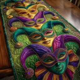 Green Mask with Purple Feathers Table Runner - Made to Order TABLE928