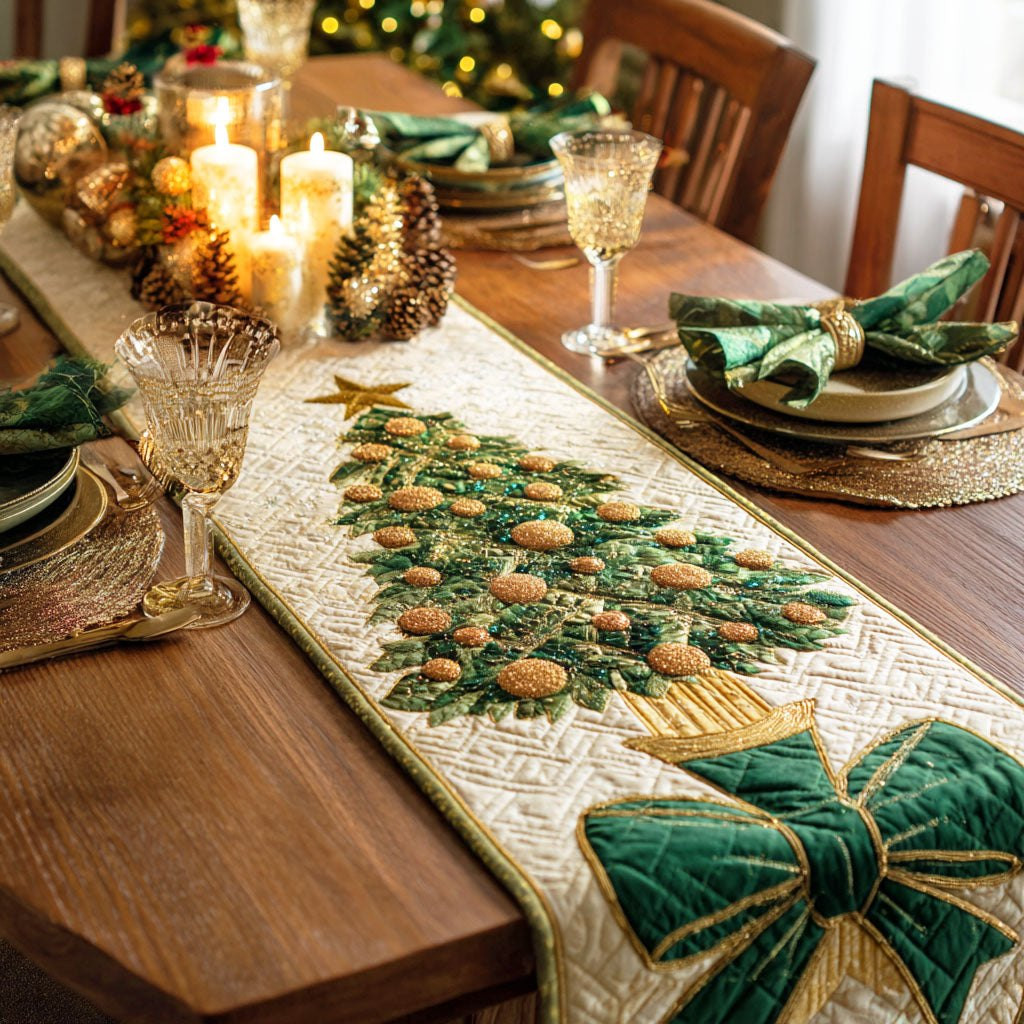 Green Tree with a Gold Bow Table Runner - Made to Order TABLE928