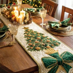 Green Tree with a Gold Bow Table Runner - Made to Order TABLE928