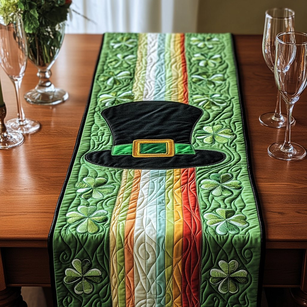 Green Top Hat with Rainbow Stripe Table Runner - Made to Order TABLE928