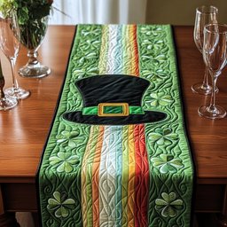 Green Top Hat with Rainbow Stripe Table Runner - Made to Order TABLE928