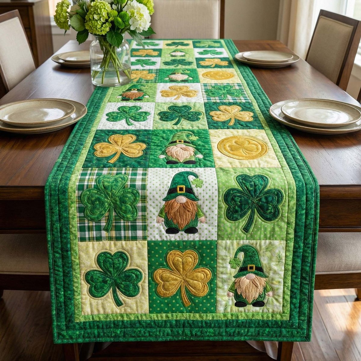 Green Gnomes and Golden Shamrocks Table Runner - Made to Order TABLE928