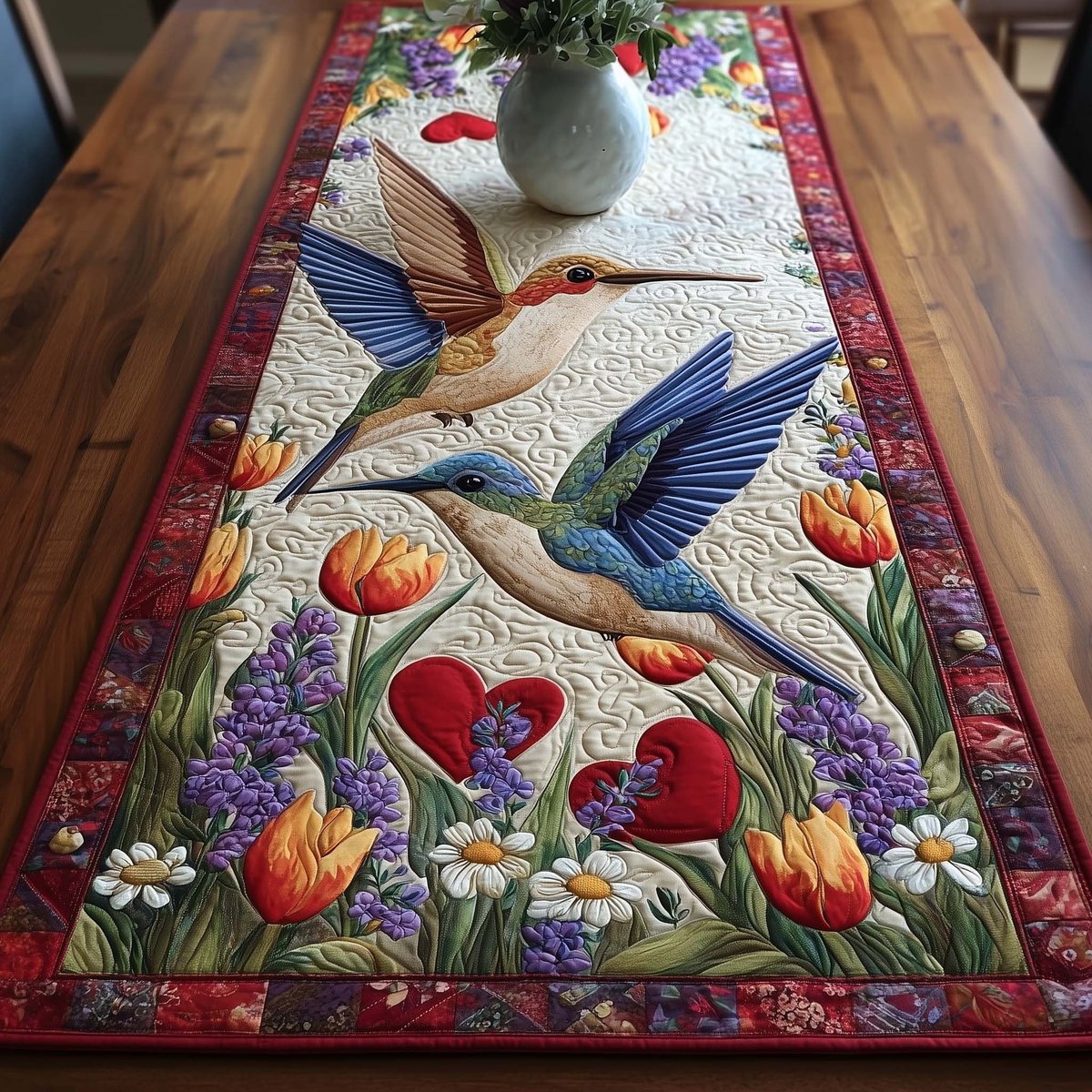 Hummingbird Above Red Tulips Table Runner - Made to Order TABLE928